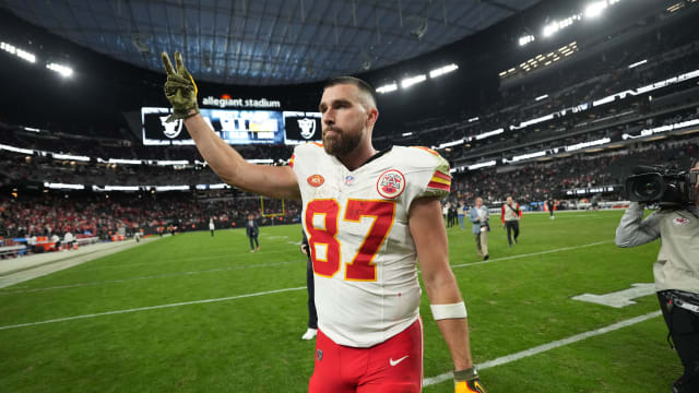 Nov 26, 2023; Paradise, Nevada, USA; Kansas City Chiefs tight end Travis Kelce (87) leaves the field after the game against the Las Vegas Raiders Allegiant Stadium. Mandatory Credit: Kirby Lee-USA TODAY Sports  